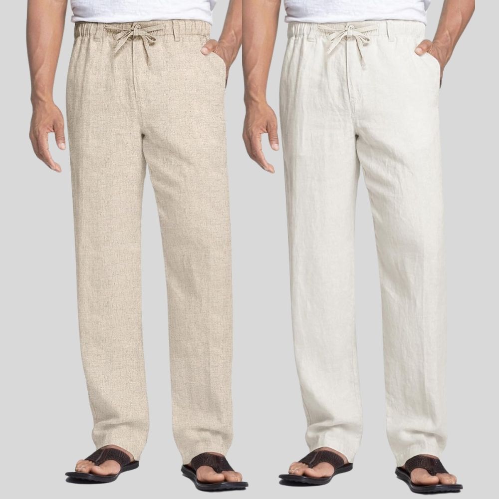 Combo of 2 Beige and White Linen Men Pants-47401