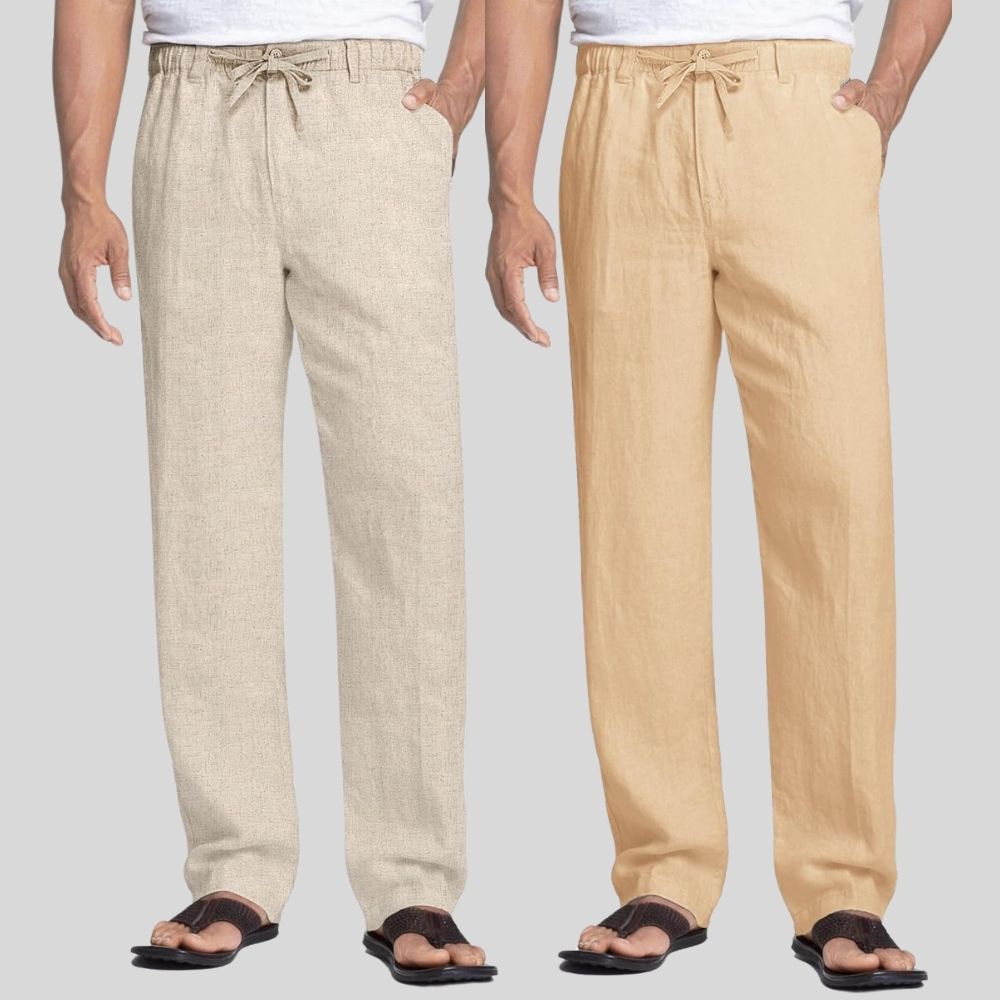 Combo of 2 Beige and Cream Linen Men Pants-47402