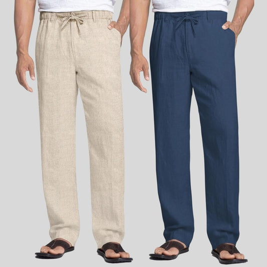 Combo of 2 Beige and Teal Blue Linen Men Pants-47404