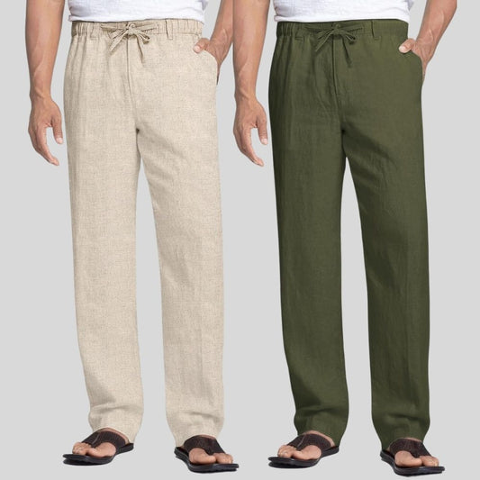 Combo of 2 Beige and Army Green Linen Men Pants-47407