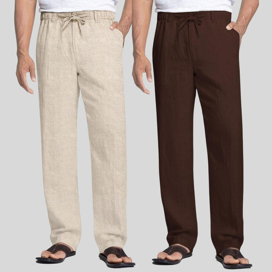 Combo of 2 Beige and Brown Linen Men Pants-47408
