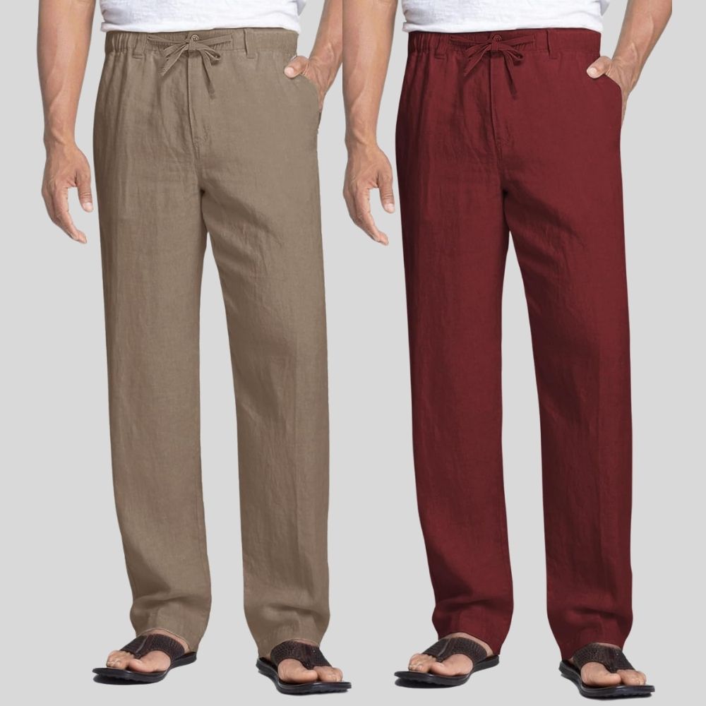 Combo of 2 Light Gray and Maroon Linen Men Pants-47413