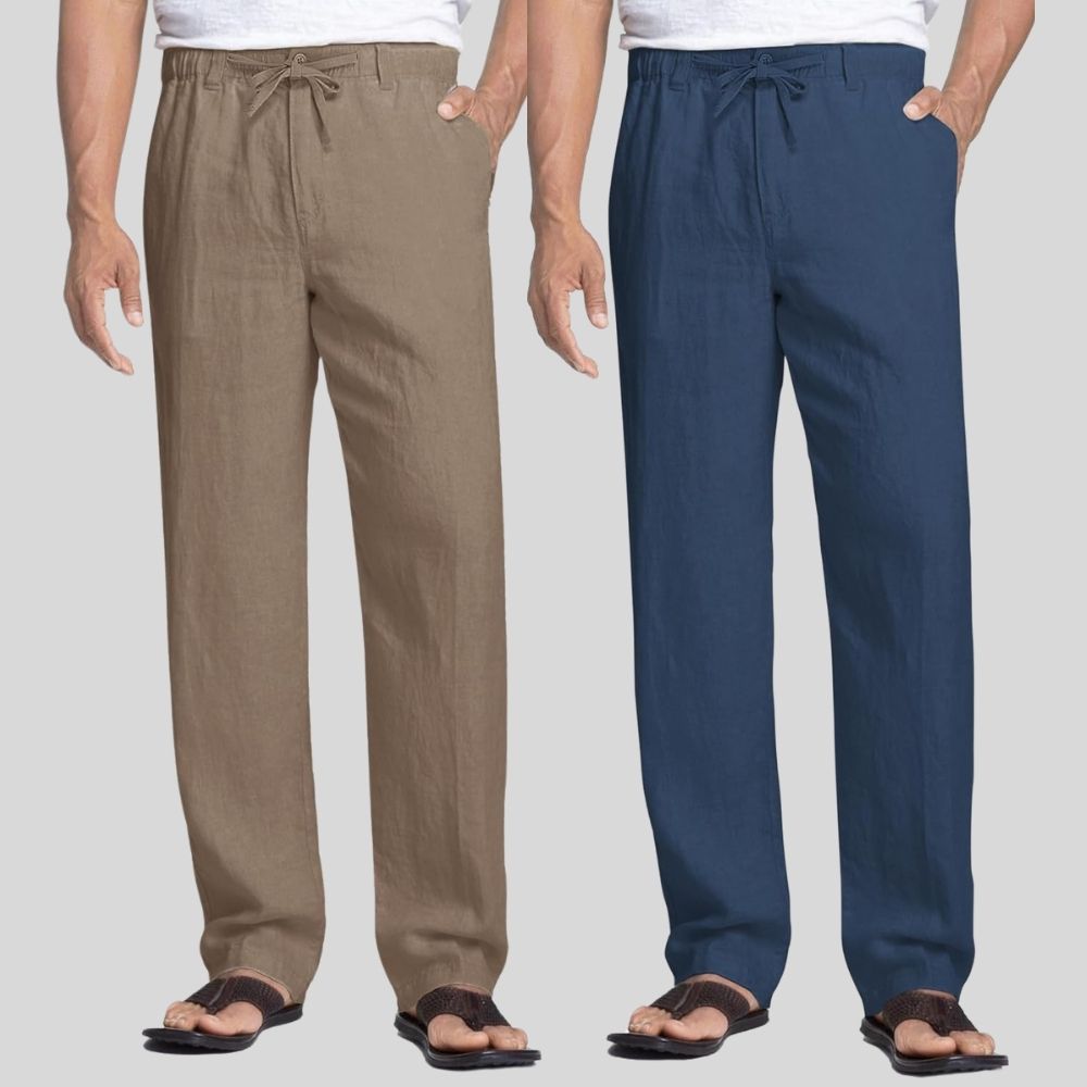 Combo of 2 Light Gray and Teal Blue Linen Men Pants-47414