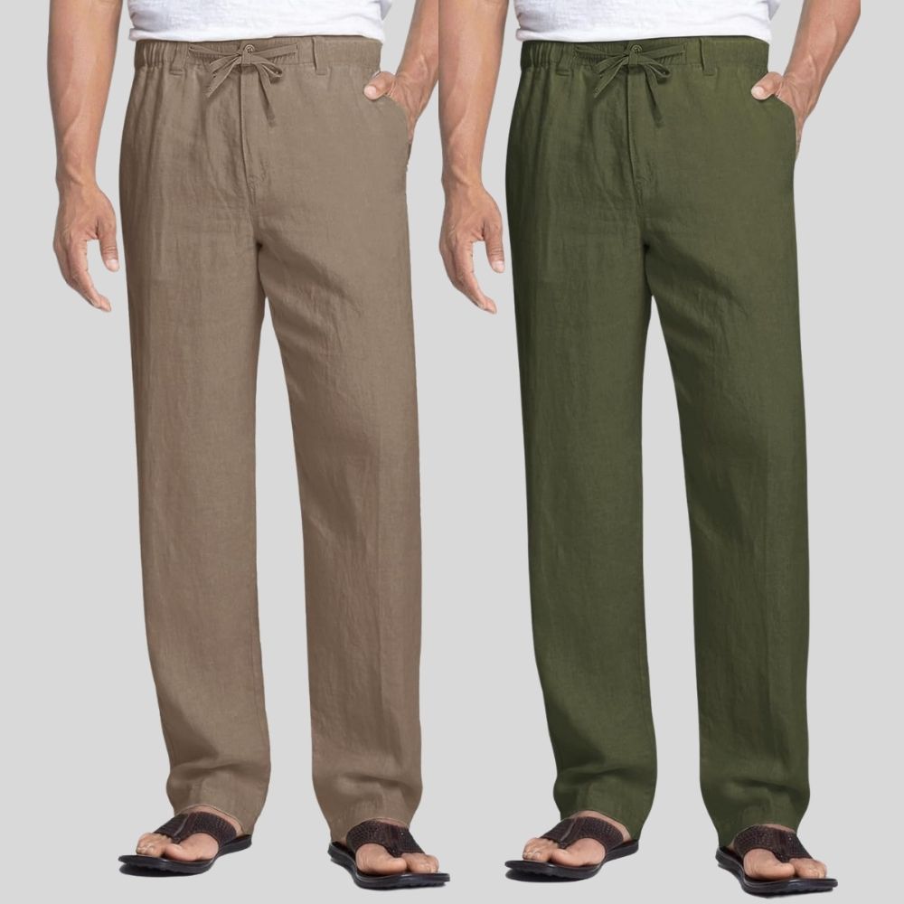 Combo of 2 Light Gray and Army Green Linen Men Pants-47417
