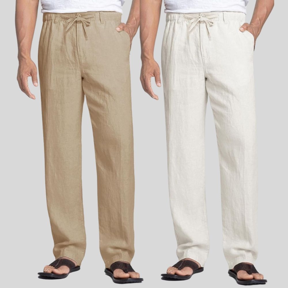 Combo of 2 Light Brown and White Linen Men Pants-47420