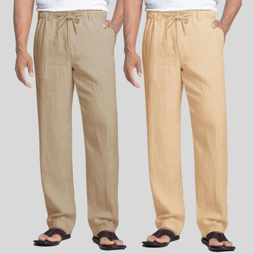 Combo of 2 Light Brown and Cream Linen Men Pants-47421