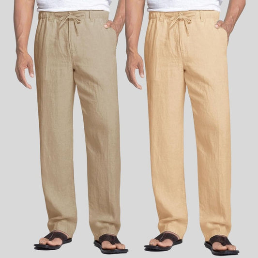 Combo of 2 Light Brown and Cream Linen Men Pants-47421