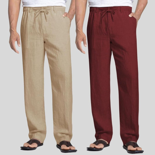 Combo of 2 Light Brown and Maroon Linen Men Pants-47422