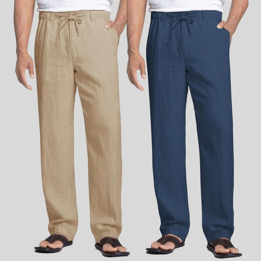 Combo of 2 Light Brown and Teal Blue Linen Men Pants-47423