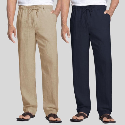 Combo of 2 Light Brown and Navy Blue Linen Men Pants-47424