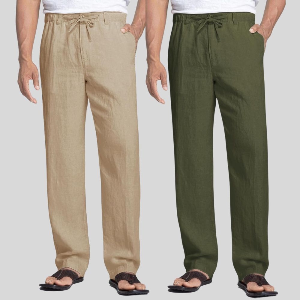 Combo of 2 Light Brown and Army Green Linen Men Pants-47426