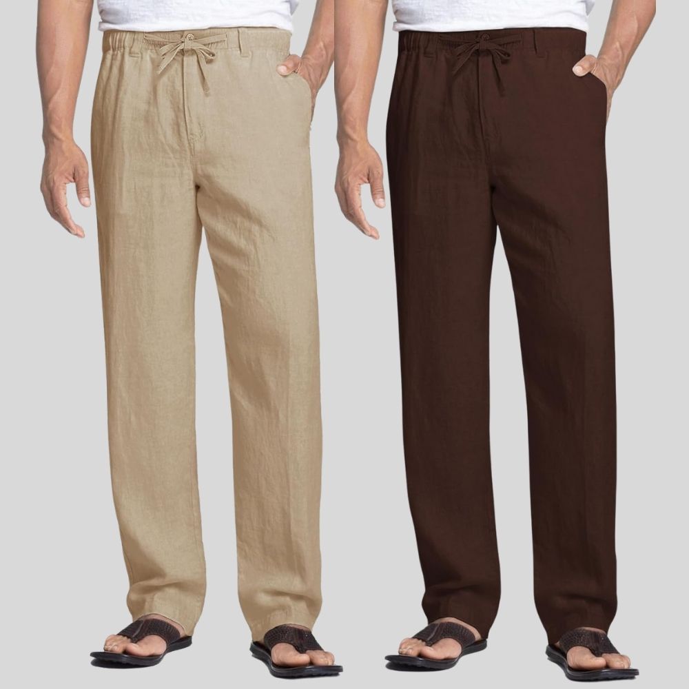 Combo of 2 Light Brown and Brown Linen Men Pants-47427