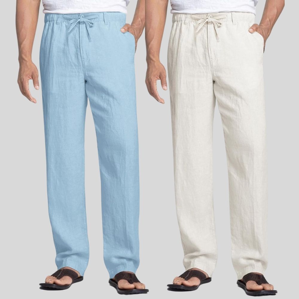 Combo of 2 Sky Blue and White Linen Men Pants-47428