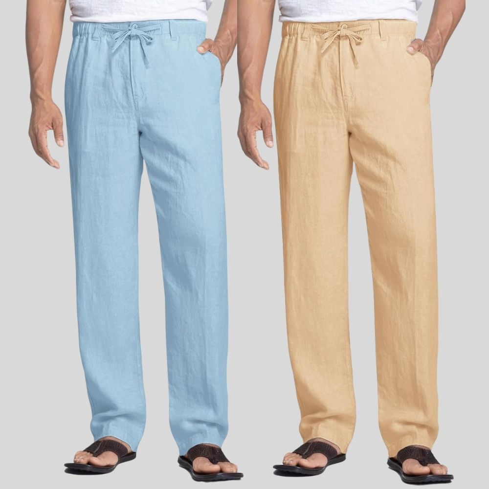 Combo of 2 Sky Blue and Cream Linen Men Pants-47429