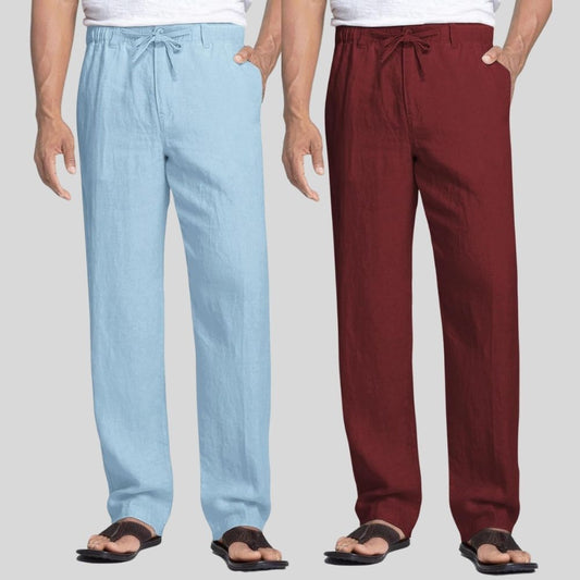 Combo of 2 Sky Blue and Maroon Linen Men Pants-47430