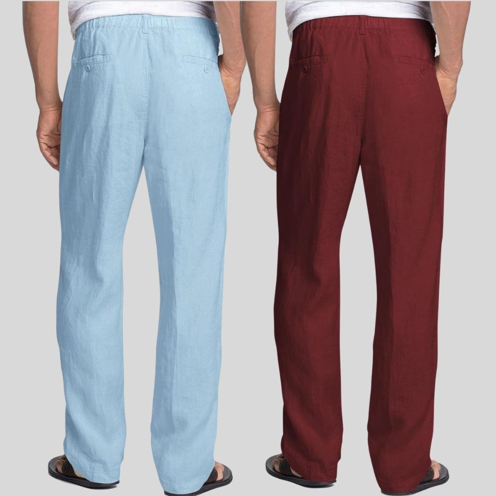 Combo of 2 Sky Blue and Maroon Linen Men Pants-47430