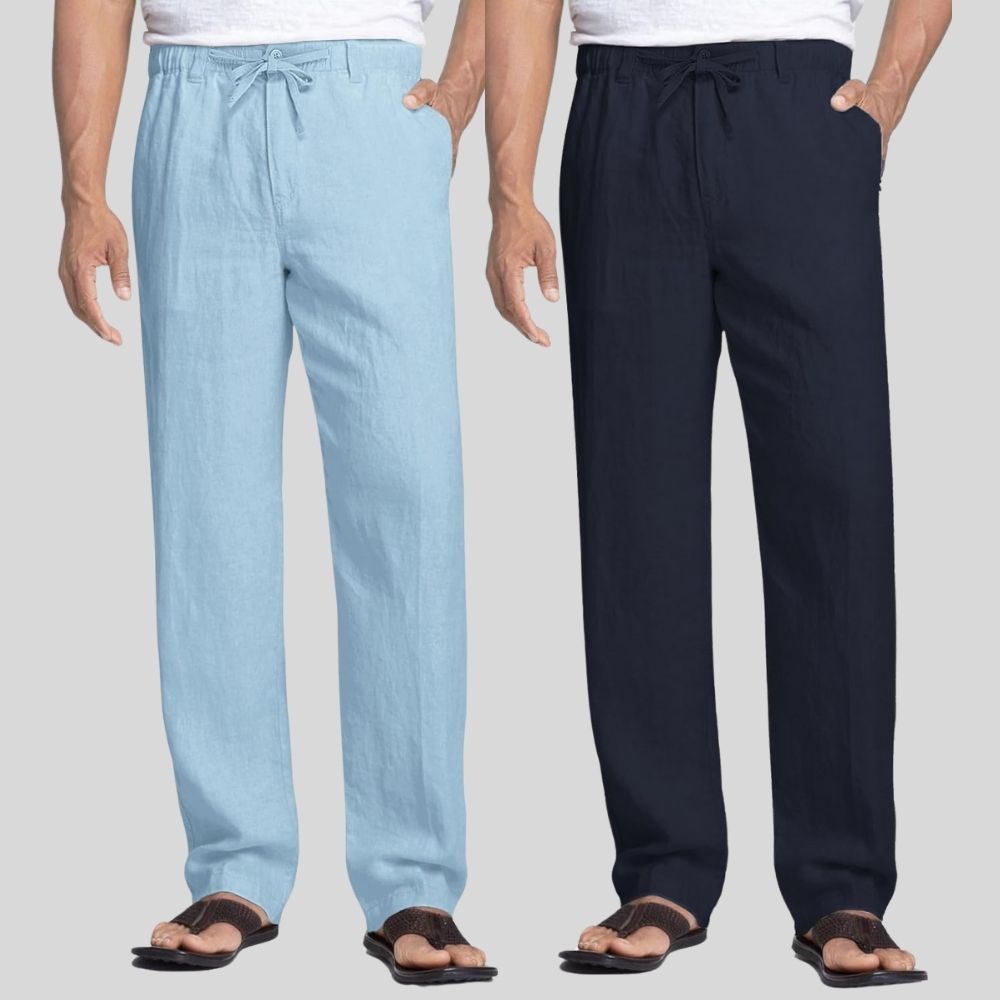 Combo of 2 Sky Blue and Navy Blue Linen Men Pants-47432
