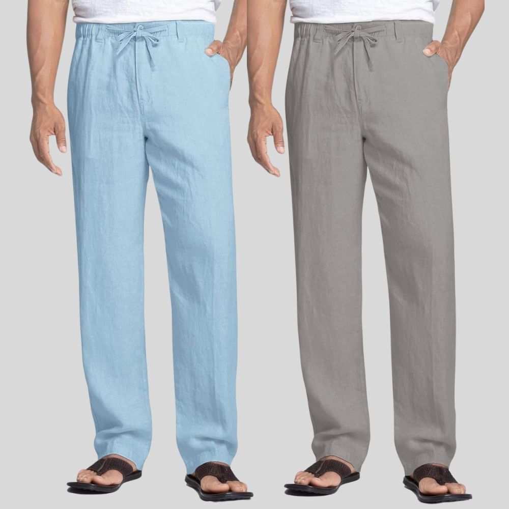 Combo of 2 Sky Blue and Light Gray Linen Men Pants-47433