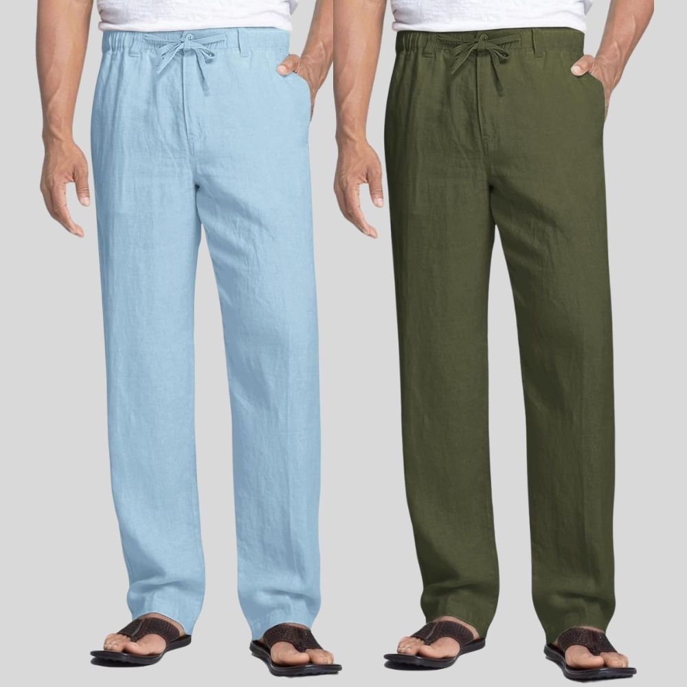 Combo of 2 Sky Blue and Army Green Linen Men Pants-47434