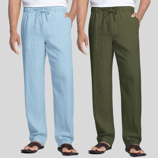 Combo of 2 Sky Blue and Army Green Linen Men Pants-47434