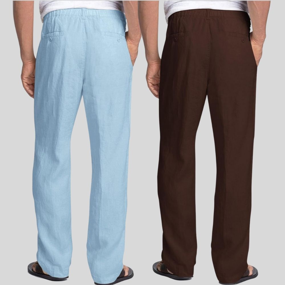 Combo of 2 Sky Blue and Brown Linen Men Pants-47435