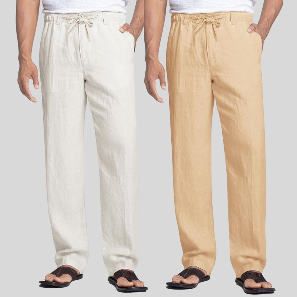 Combo of 2 White and Cream Linen Men Pants-47436