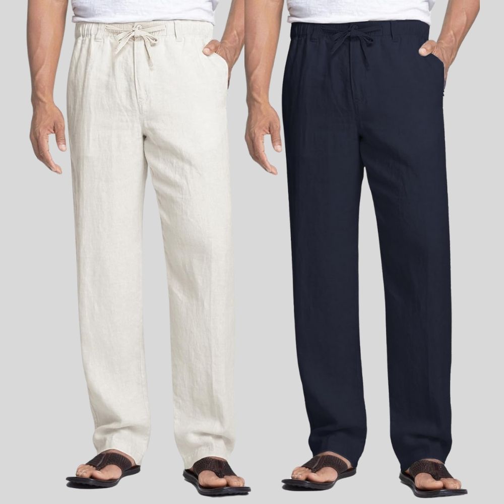 Combo of 2 White and Navy Blue Linen Men Pants-47439