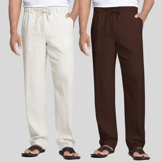 Combo of 2 White and Brown Linen Men Pants-47442