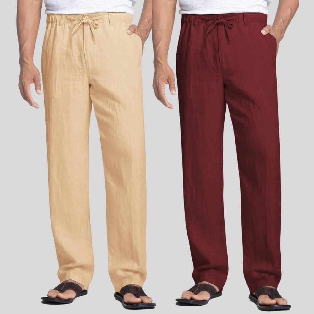 Combo of 2 Cream and Maroon Linen Men Pants-47443