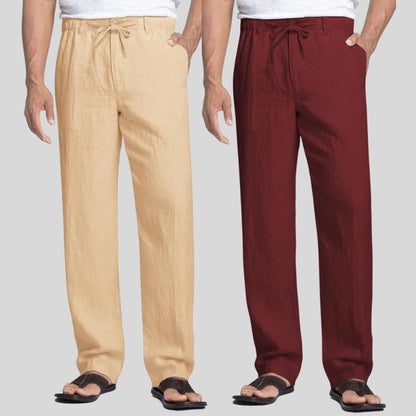Combo of 2 Cream and Maroon Linen Men Pants-47443