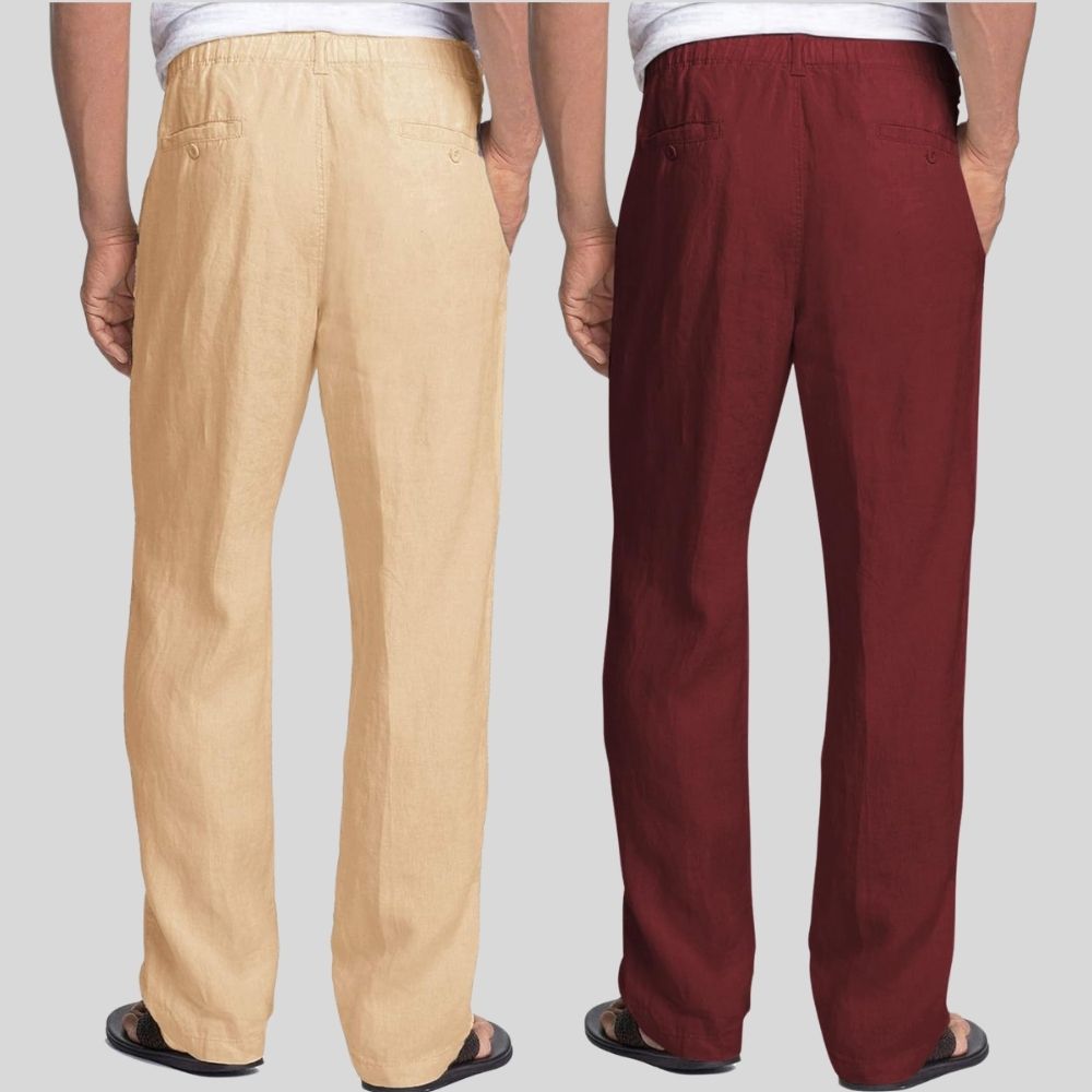 Combo of 2 Cream and Maroon Linen Men Pants-47443