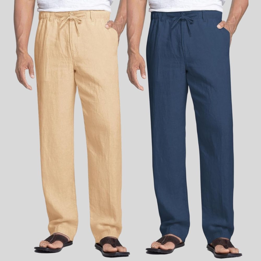 Combo of 2 Cream and Teal Blue Linen Men Pants-47444