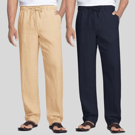 Combo of 2 Cream and Navy Blue Linen Men Pants-47445