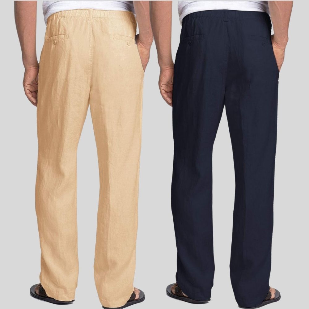 Combo of 2 Cream and Navy Blue Linen Men Pants-47445