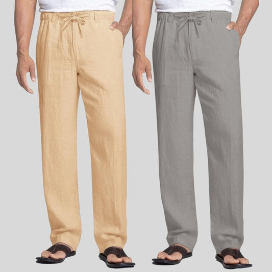 Combo of 2 Cream and Light Gray Linen Men Pants-47446