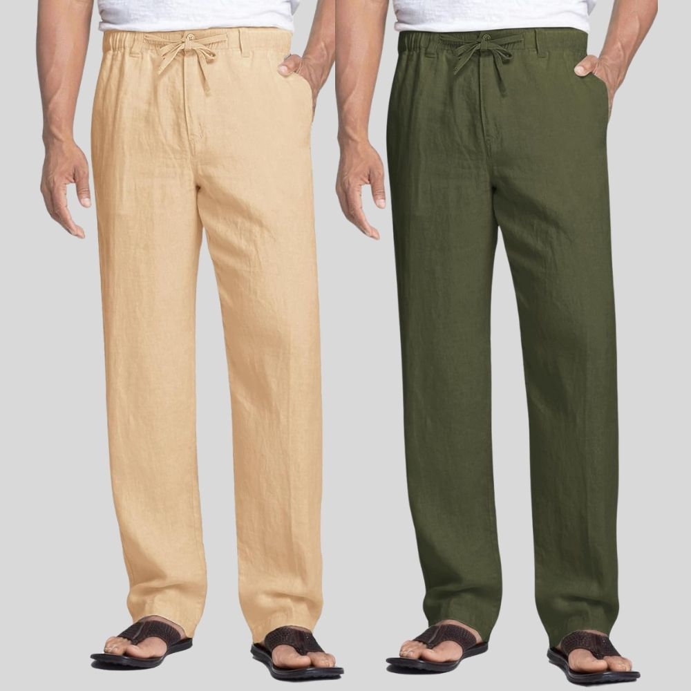 Combo of 2 Cream and Army Green Linen Men Pants-47447