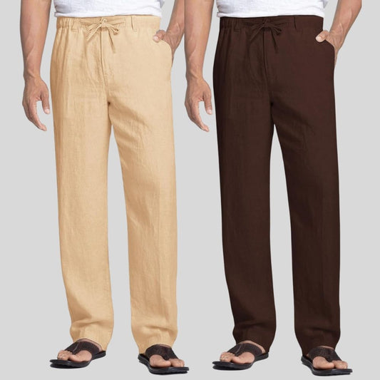 Combo of 2 Cream and Brown Linen Men Pants-47448