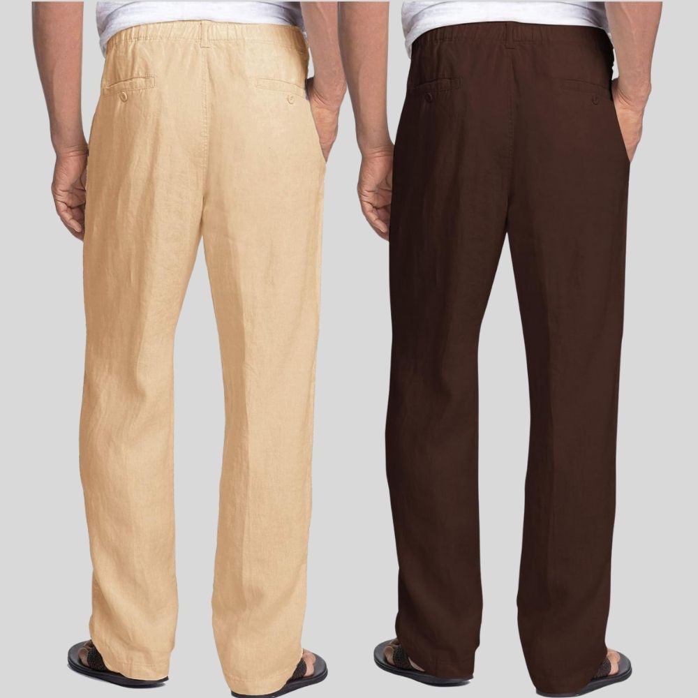 Combo of 2 Cream and Brown Linen Men Pants-47448