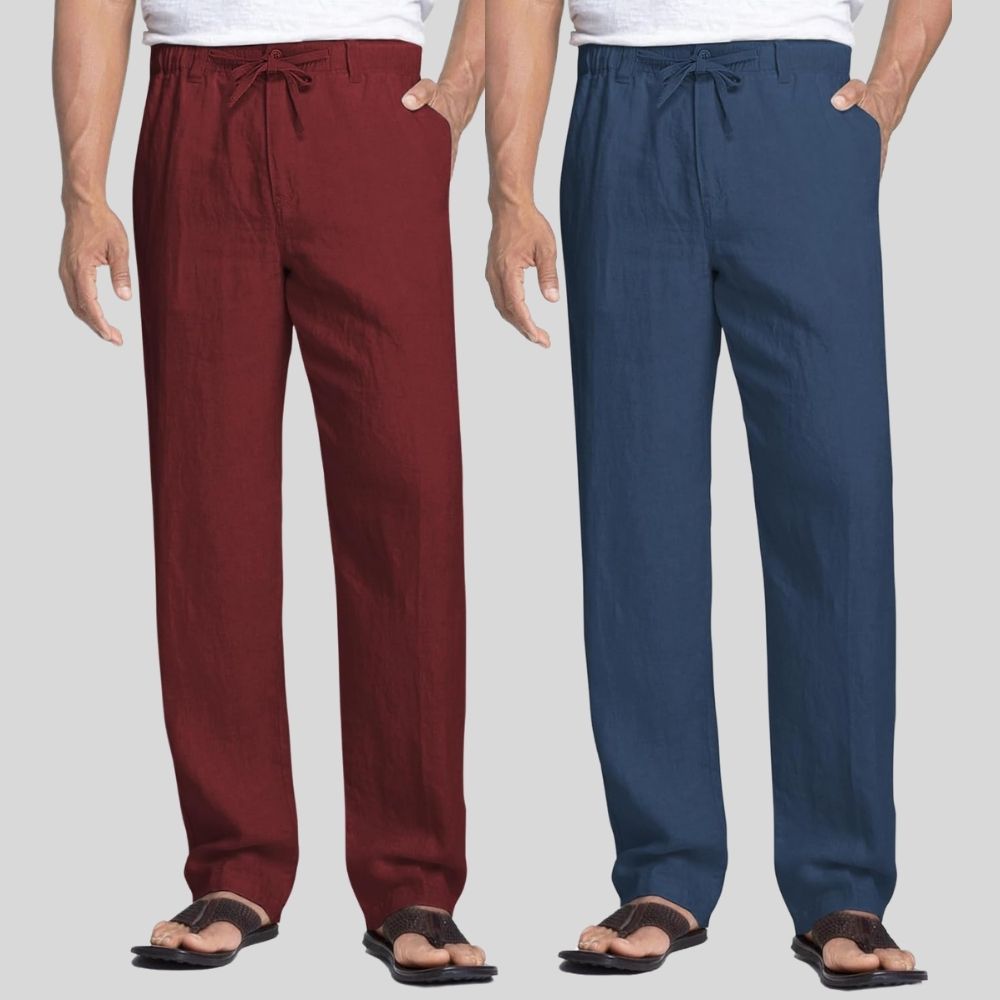 Combo of 2 Maroon and Teal Blue Linen Men Pants-47449
