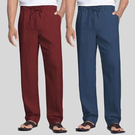 Combo of 2 Maroon and Teal Blue Linen Men Pants-47449
