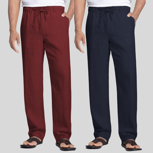 Combo of 2 Maroon and Navy Blue Linen Men Pants-47450