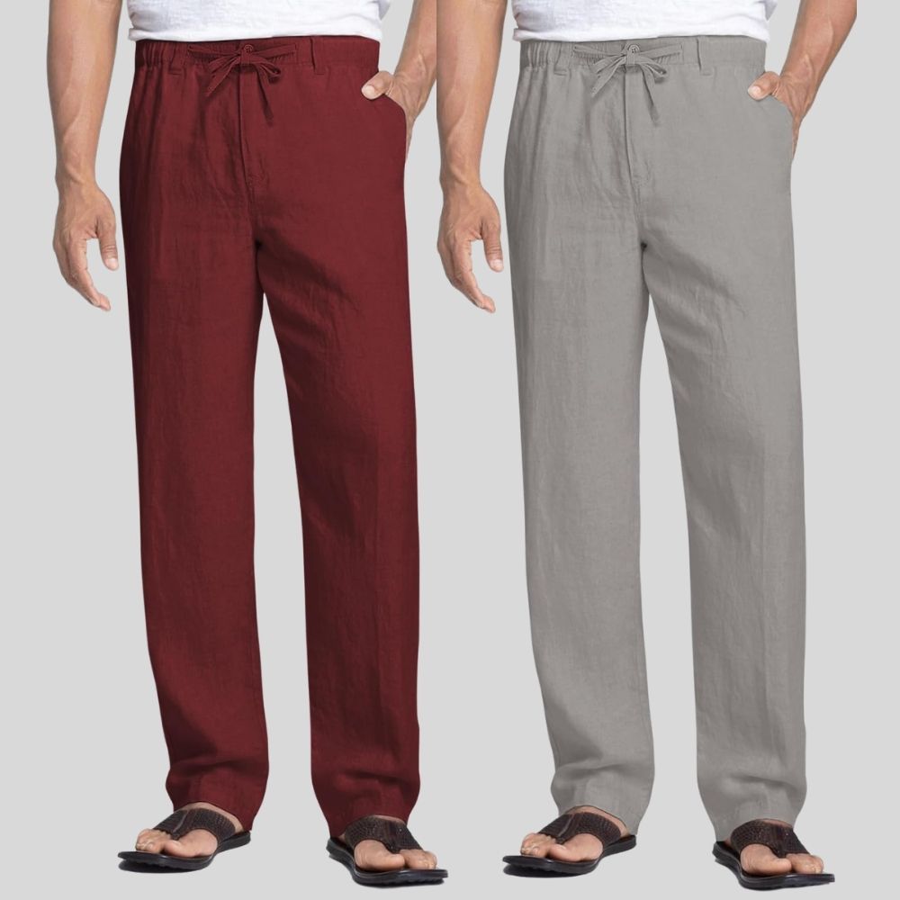 Combo of 2 Maroon and Light Gray Linen Men Pants-47451