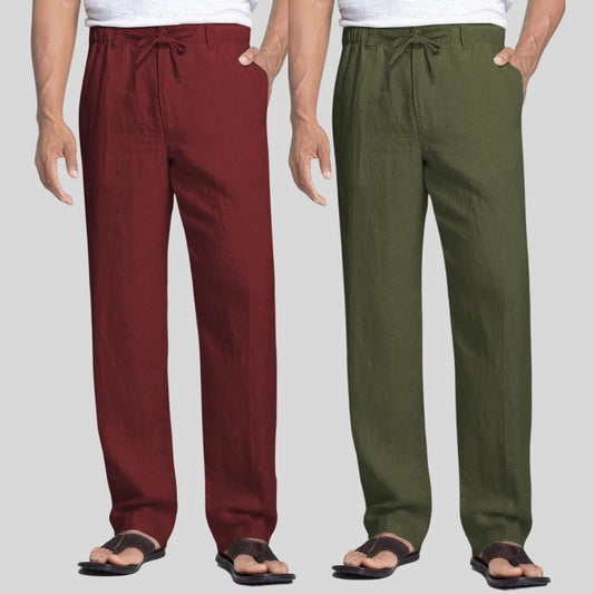 Combo of 2 Maroon and Army Green Linen Men Pants-47452