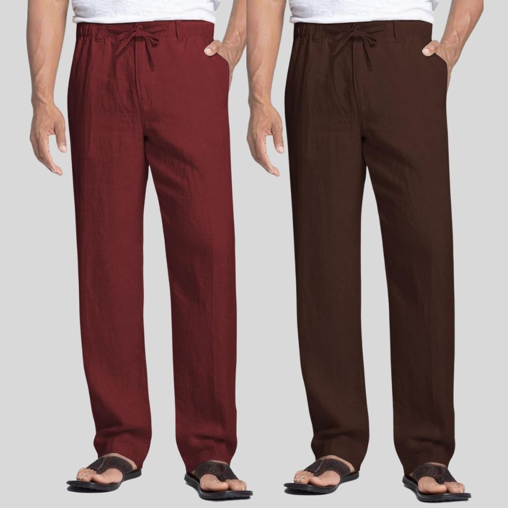 Combo of 2 Maroon and Brown Linen Men Pants-47453
