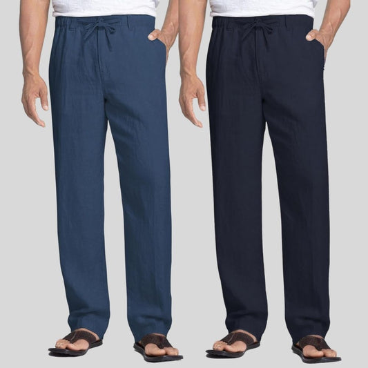 Combo of 2 Teal Blue and Navy Blue Linen Men Pants-47454
