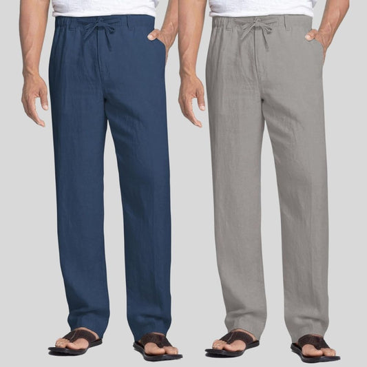 Combo of 2 Teal Blue and Light Gray Linen Men Pants-47455