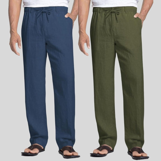 Combo of 2 Teal Blue and Army Green Linen Men Pants-47456