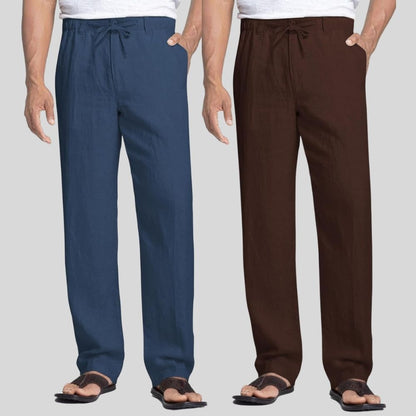 Combo of 2 Teal Blue and Brown Linen Men Pants-47457
