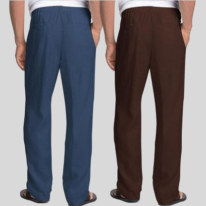 Combo of 2 Teal Blue and Brown Linen Men Pants-47457