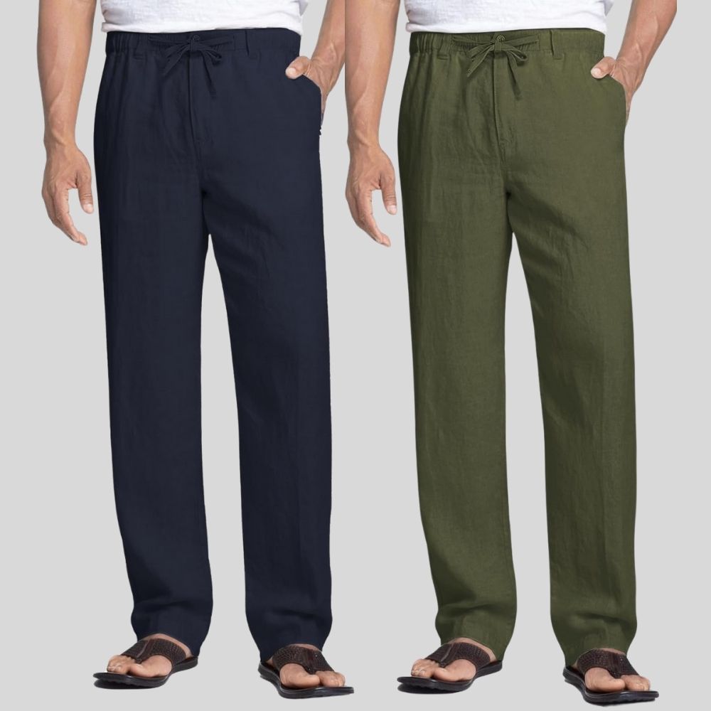 Combo of 2 Gray and Army Green Linen Men Pants-47459